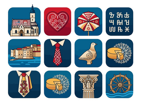 Croatia Travel and Culture Icon Set, Featuring Zagreb St Mark Church, Dubrovnik, Licitar Heart, Cravat, and Traditional Symbols