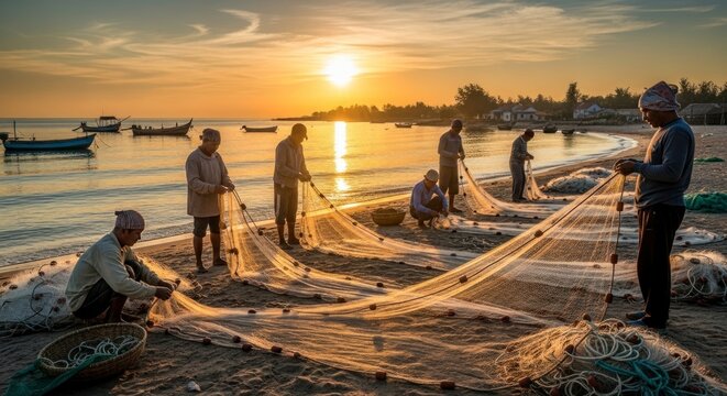 Pescadores preparam redes em uma praia ao p&ocirc;r do sol, com barcos ao fundo.