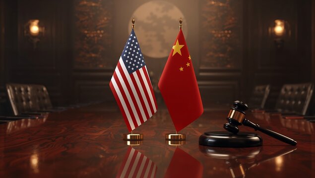 Generative AI depicts a diplomatic setting with American and Chinese flags on a polished wooden
