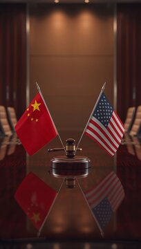 Generative AI depicts a diplomatic negotiation setting with Chinese and American flags
