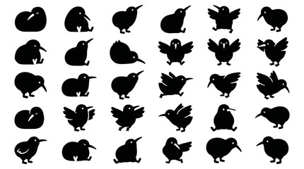 Obraz premium Collection of diverse black kiwi bird silhouettes, showcasing a variety of poses and actions, perfect for design and illustration projects