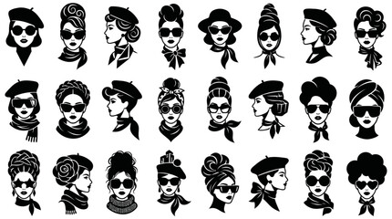Obraz premium Elegant female silhouette collection in various stylish hats and accessories, perfect for fashion and beauty