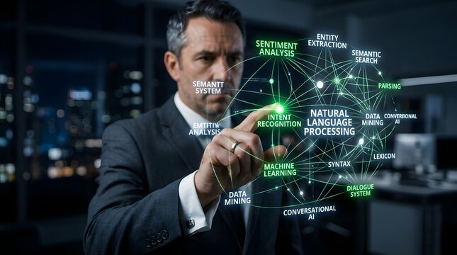 Businessman Interacting with Natural Language Processing Hologram, Futuristic Digital Composite, Advanced Artificial Intelligence Technology, Glowing green neural network