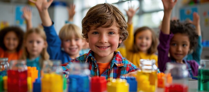 Elementary students raising hands during science activity in classroom