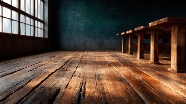 A rustic classroom scene filled with wooden desks against dark-painted walls, evoking nostalgia and reflecting on the educational experiences and memories of the past.