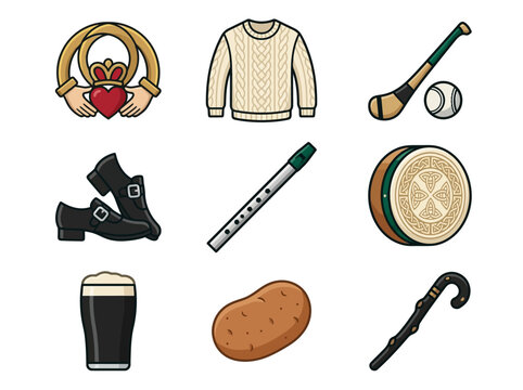 Irish Cultural Symbols and Heritage Icon Set - Claddagh Ring, Aran Sweater, Hurling, Bodhran, Stout, and Dancing Shoes Vector Illustrations for St. Patrick's Day and Tourism