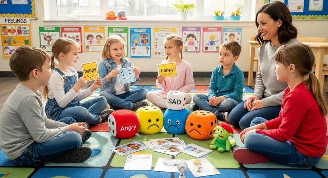 Crian&ccedil;as e professor interagindo em uma sala de aula com ferramentas educacionais.