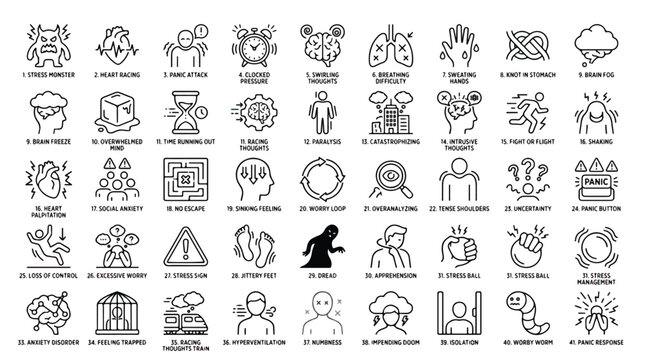Anxiety and stress concept icons set various emotions and symptoms illustrated in simple line art style on white background