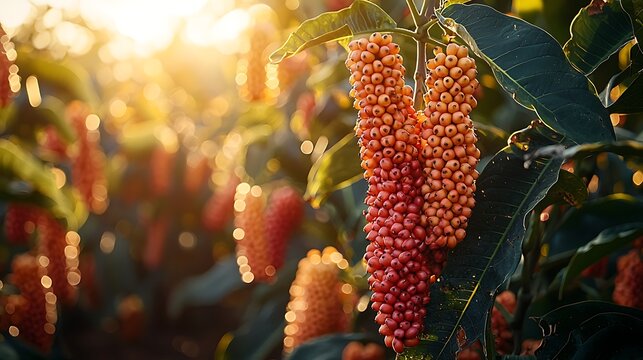 Sunlit Sorghum Closeup of ripe sorghum grain tassels with bokeh background.