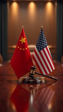 Generative AI depicts a diplomatic setting with Chinese and American flags