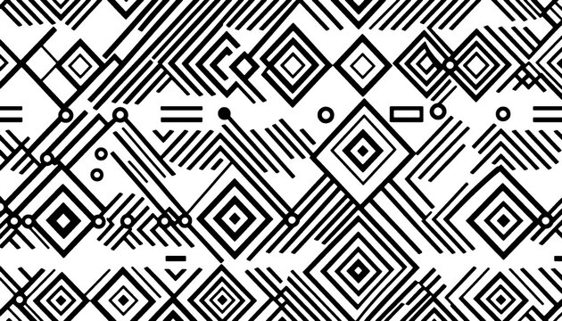 black and white geometric op art pattern with squares diamonds lines and circles