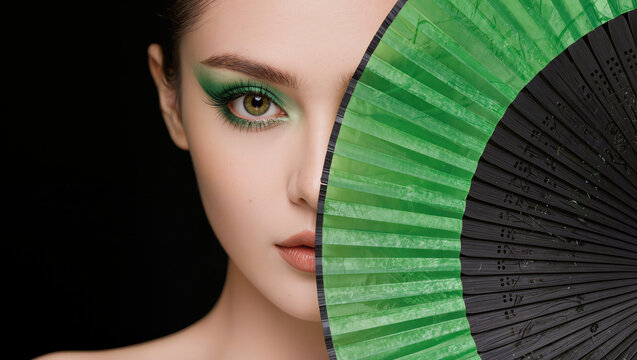 A beautiful woman white skin , green eyes make up , covering her half face by green fan , black background.