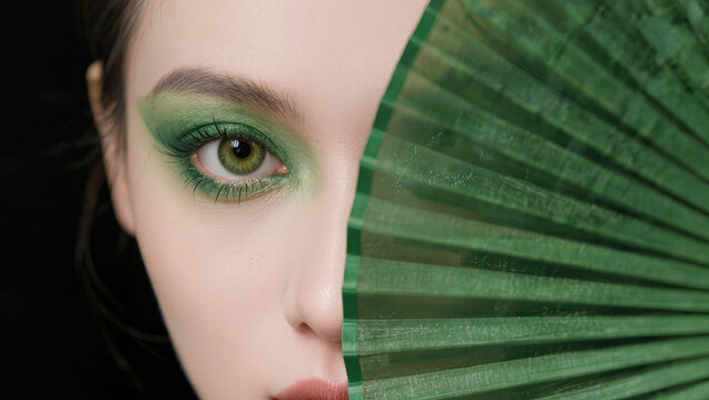 Extreme close up , A beautiful woman face ,green eye make up , is covering her half face by green hand fan , black background.