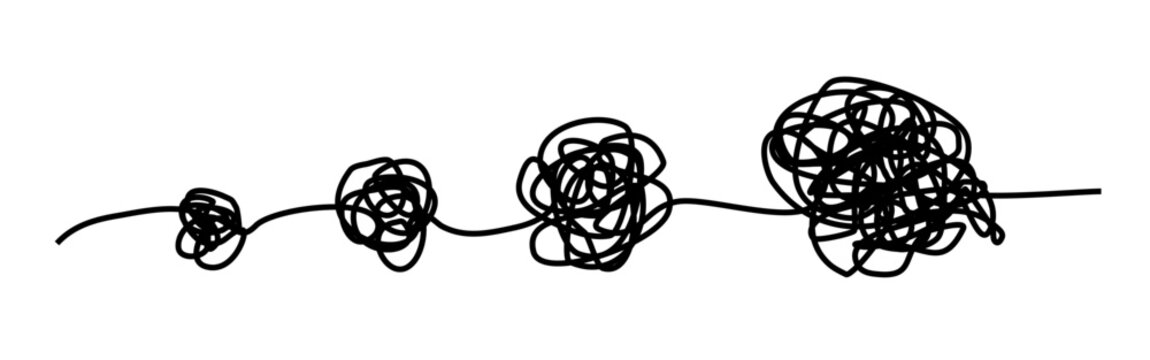 Continuous line showing four tangled knots growing from small to large. Abstract concept for a small problem becoming a big problem, crisis escalation, stress, and risk management.