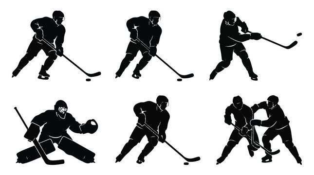 Black silhouettes of ice hockey players in various poses