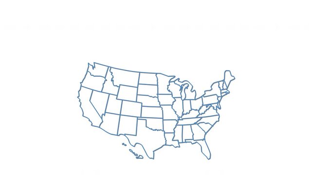 USA Map Self Drawing Animation, Fast Outline of States, Line Art. Blue line on white background.