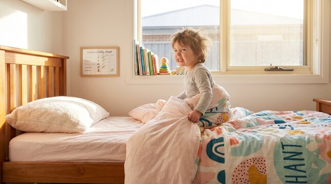 Little child making bed without help in a bright sunny bedroom showing determination and responsibility for morning routine and childhood development concept
