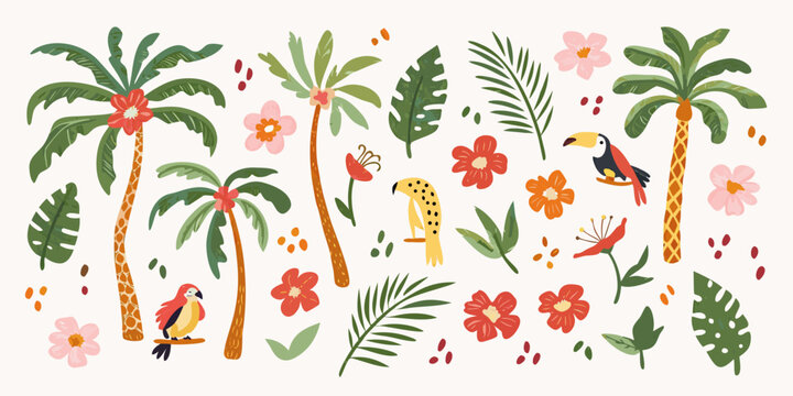 Tropical floral ornament with palm leaves toucans and parrots on a white background