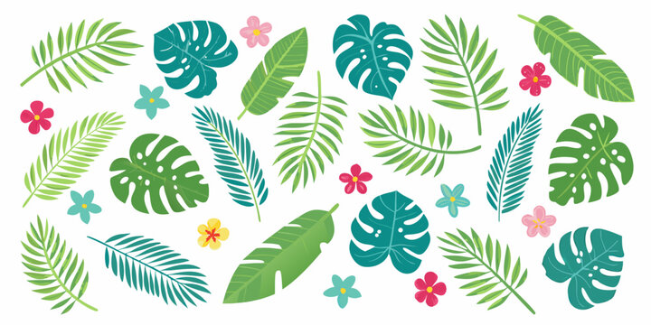 Tropical Leaves And Flowers Colorful Vector Illustration On White Background