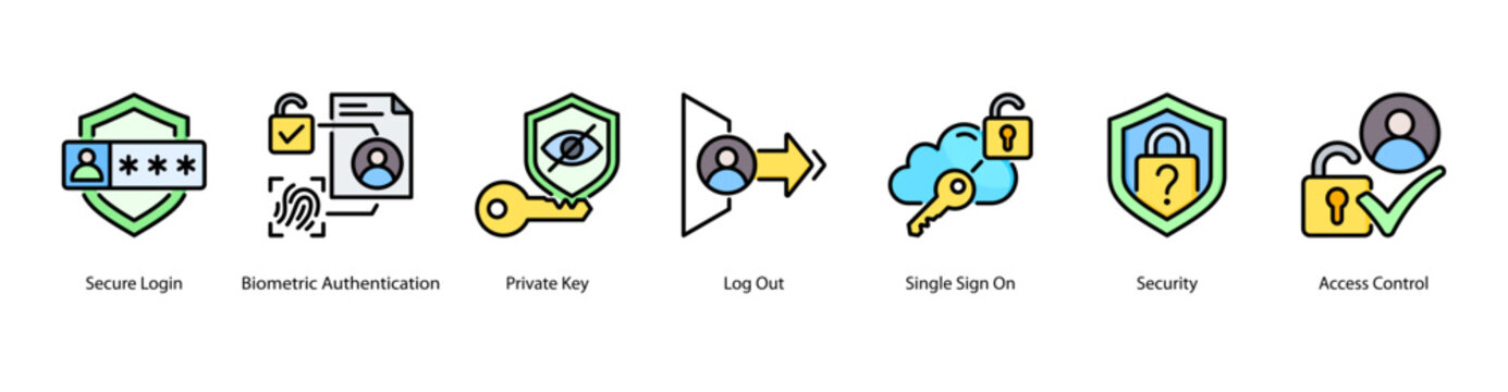 Secure Entry web banner icon vector illustration featuring Secure Login, Biometric Authentication, Private Key, Log Out, Single Sign On, Security, and Access Control.