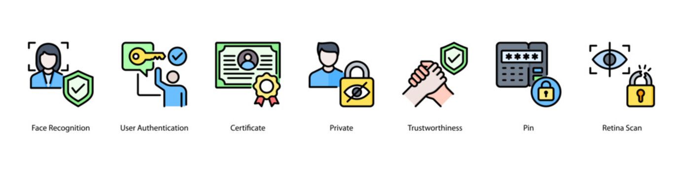 User Verification web banner icon vector illustration featuring Face Recognition, User Authentication, Certificate, Private, Trustworthiness, PIN, and Retina Scan.