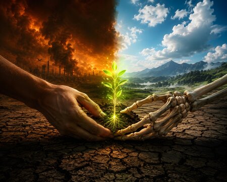 concept of a human hand and skeletal hand jointly planting a glowing sapling in cracked earth under a split sky &mdash; half apocalyptic, half alive &mdash; symbolizing hope and urgency in climate change. 