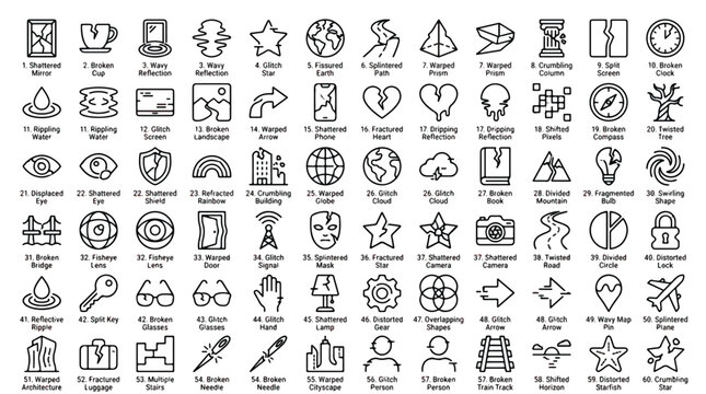 Collection of 60 glitch icons illustrating digital distortions and errors in technology and design