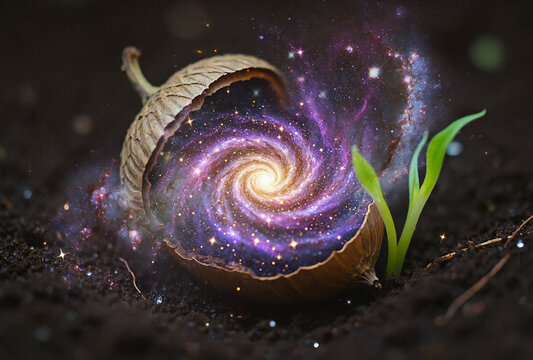 A spiral galaxy swirls inside an open acorn shell on dark earth. The seed of life concept and tiny green sprout growing right beside. The universe existence wonder, surreal metaphor for creation