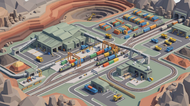 Industrial logistics hub with trains and cargo containers.