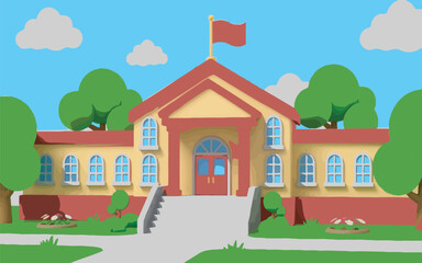 Naklejka premium Cute 3D Stylized Elementary School Exterior with Clouds and Trees