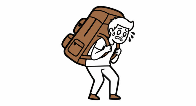 Stressed cartoon man carrying heavy oversized backpack.