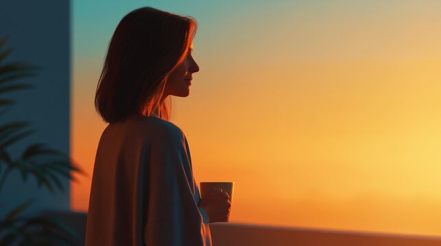 Woman standing on balcony at sunrise holding mug and gazing at horizon