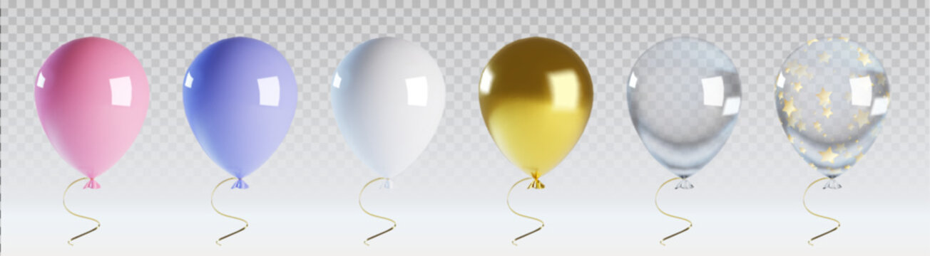 Realistic set of colorful festive balloons isolated on transparent background. Vector illustration pink, blue, golden helium air balls with metallic ribbons, decoration for birthday party atmosphere