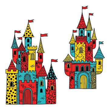 Colorful cartoon fantasy castles towers.