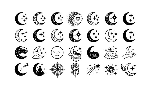 Monochrome moon and stars icon pack with celestial night vector symbols
