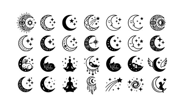 Minimal crescent moon with stars vector icons for sleep and dream concepts