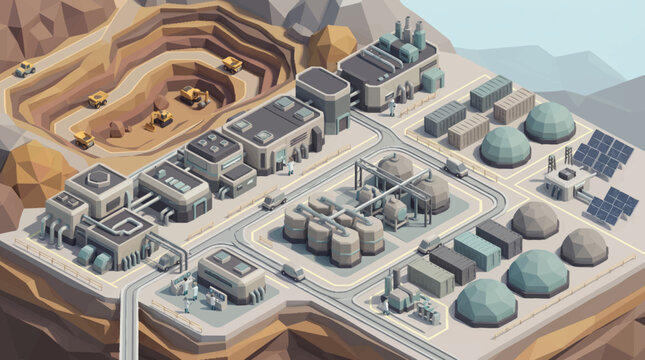 Industrial mining complex with processing plants and solar energy.