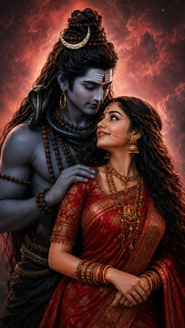 Lord Shiva and Goddess Parvati divine couple portrait sacred love Hindu mythology spiritual devotion mystical aura romantic Shiva Parvati artwork
