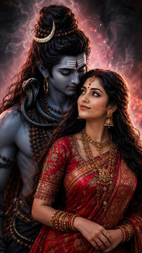 Lord Shiva and Goddess Parvati sharing a loving gaze divine couple portrait sacred love Hindu mythology spiritual devotion mystical aura Shiva Parvati artwork
