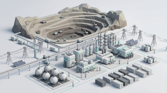 Industrial Mining Operation and Processing Plant Illustration.
