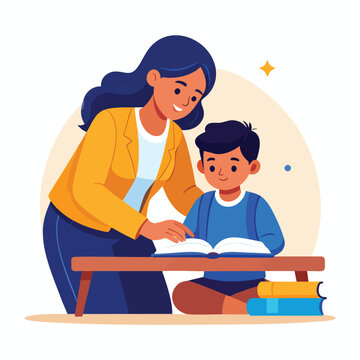 Woman teaches a boy reading a book at a table indoors