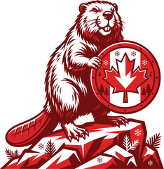 A majestic beaver standing proudly on a snowy rock while holding a shield with the iconic canadian maple leaf symbol. © Munna_SH