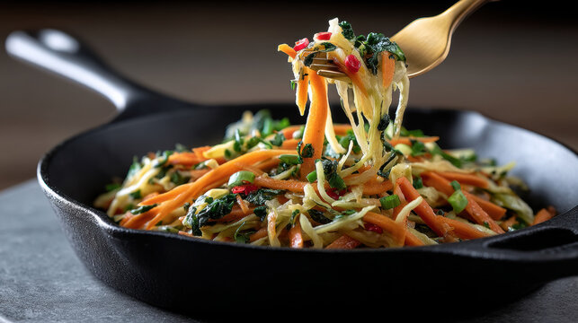 Stir fried vegetable noodle in black cast iron skillet colorful carrot spinach chili healthy meal close up appetizing rustic style