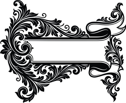 An intricate monochrome vector border layout featuring graceful swirling foliate filigree patterns.