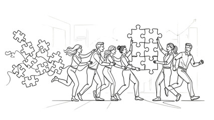 Obraz premium Workplace Synergy & Team Collaboration – Continuous One Line Puzzle Concept