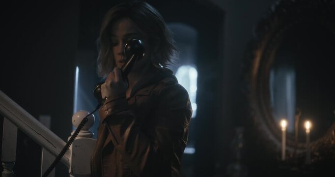 Young woman holding rotary phone receiver with frightened look as power goes out in creepy home - medium tracking shot