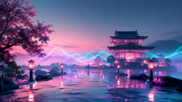 Vaporwave調｜ネオンに包まれた日本寺院の未来的和風背景 ワイド横型