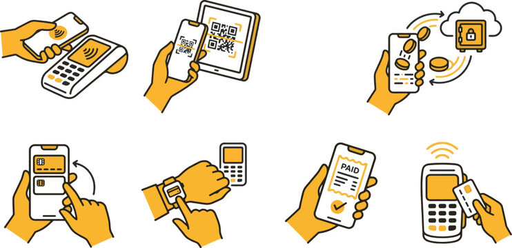 Contactless mobile payment online banking and QR code transaction line icon set