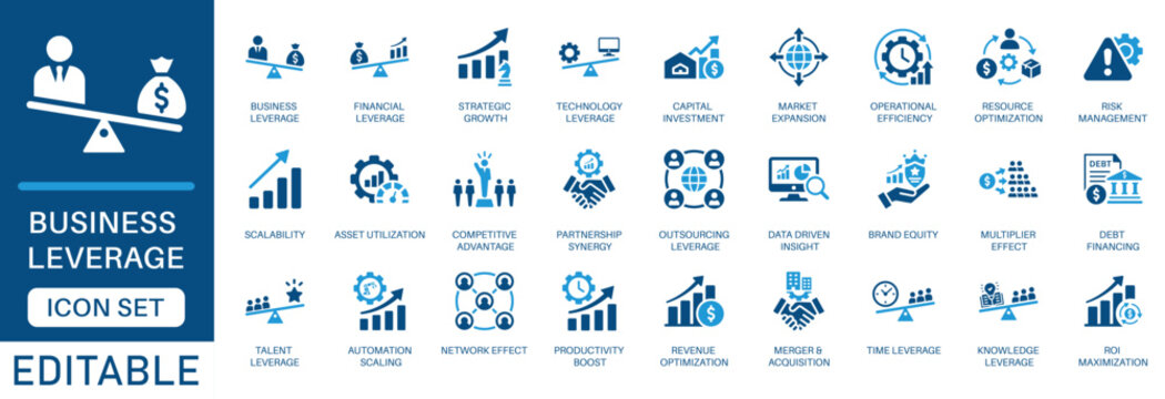 Business leverage icon set. featuring  strategic scalability, financial growth, capital investment, resource optimization, and operational efficiency in a clean blue flat design.