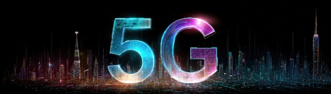 A digital 5G symbol glowing with neon light effects above a stylized cityscape on a dark background.